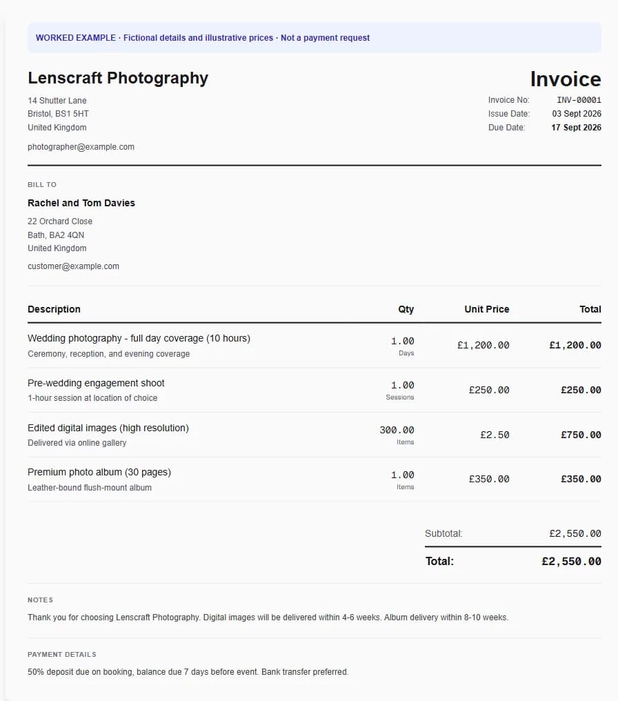 Fictional photographer invoice showing an invoice number, dates, client details, itemised work, totals, notes and payment details.