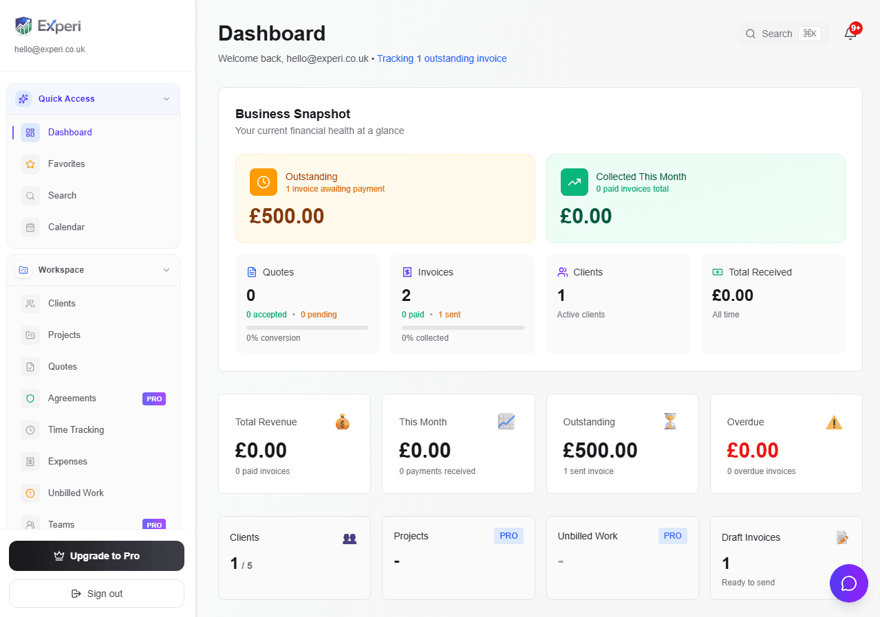 Experi dashboard showing Business Snapshot, outstanding invoices and collected payments