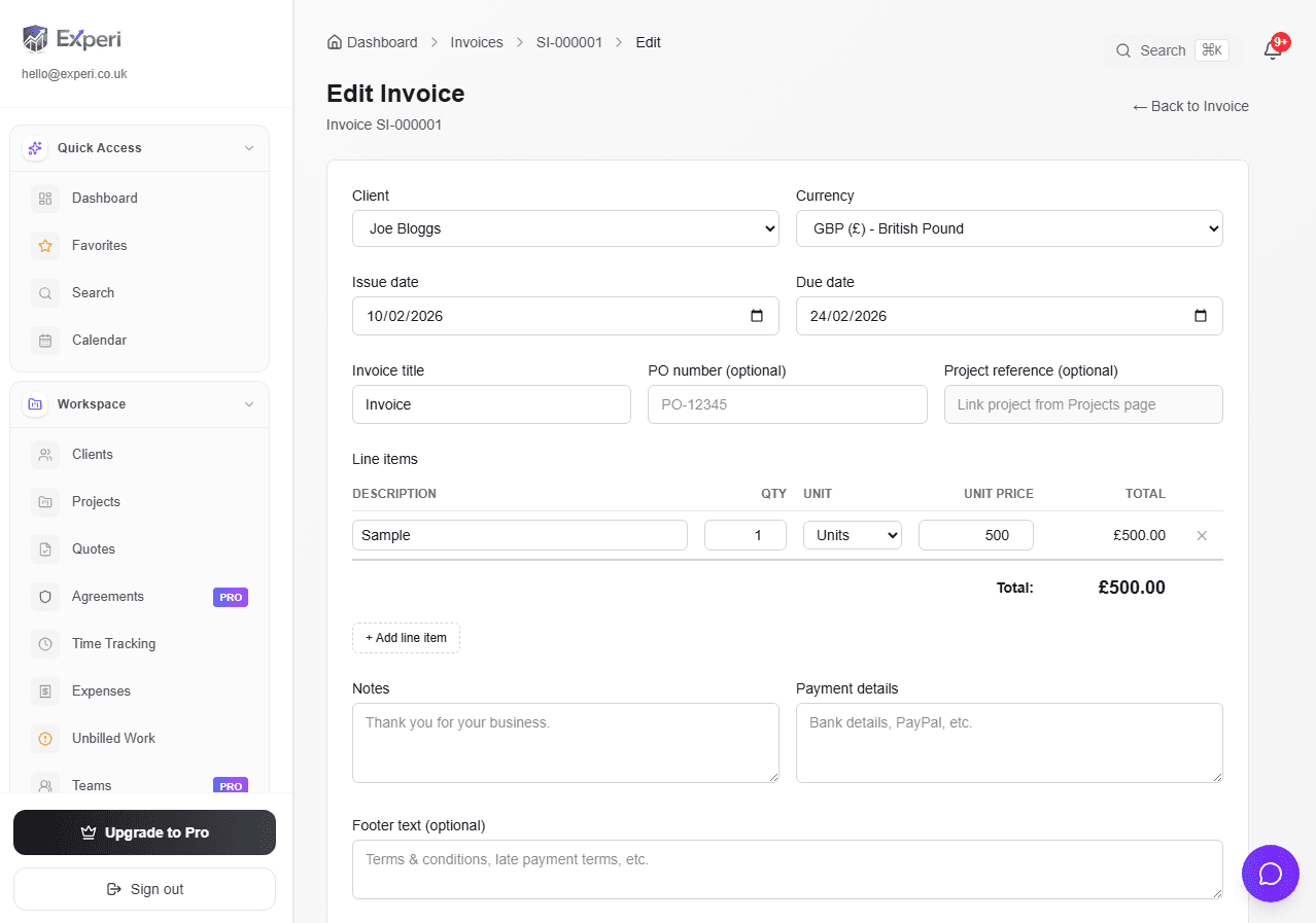 Edit invoice form with line items and payment details