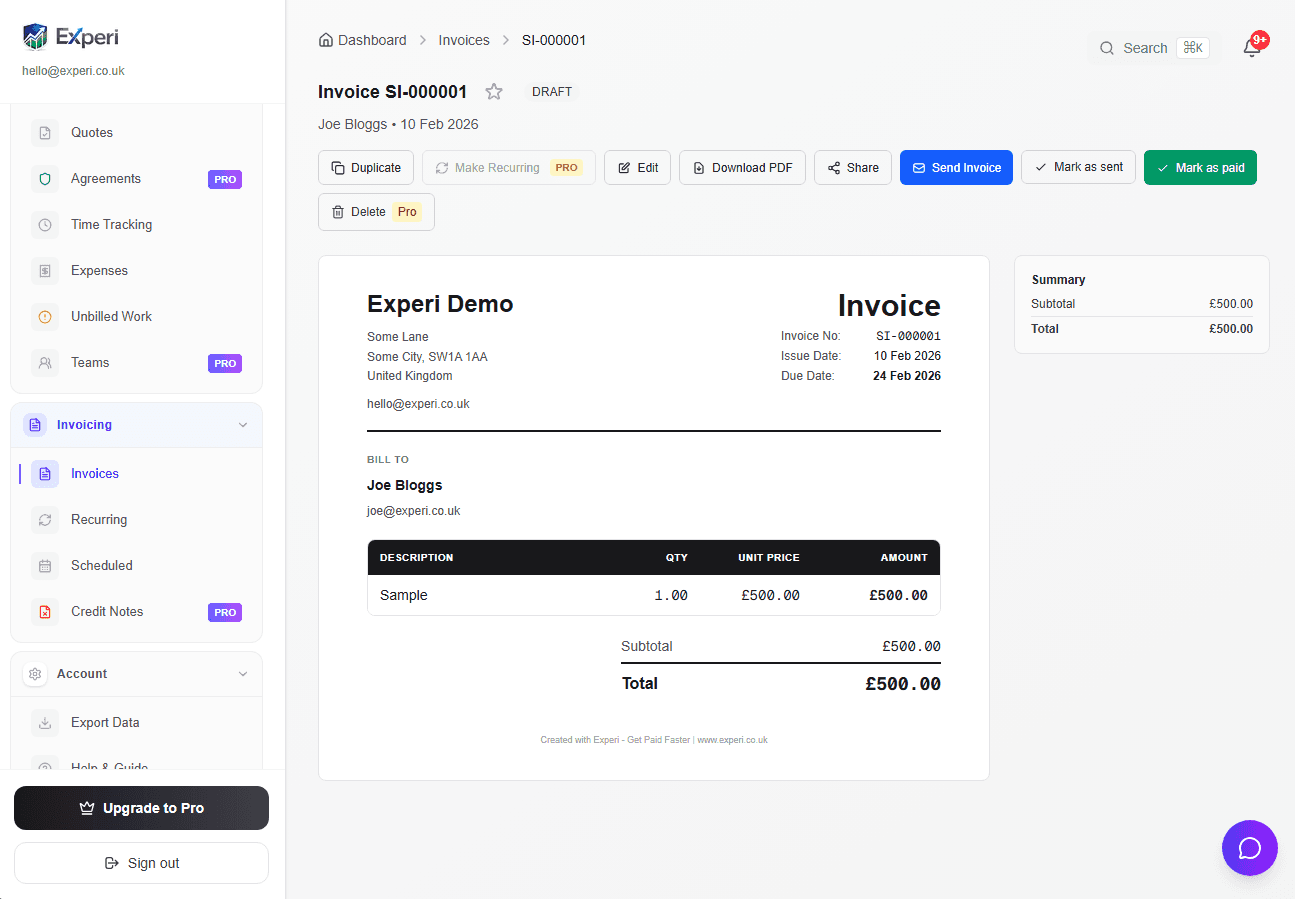 Invoice view with Send Invoice and Mark as paid actions